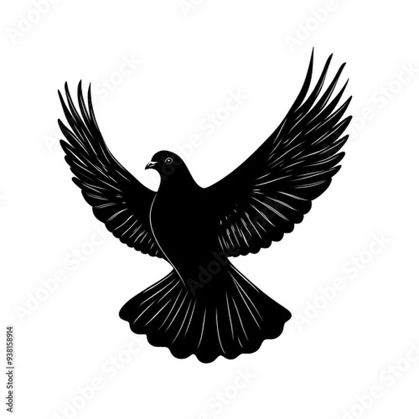 Fototapeta Silhouette of a dove in flight, wings spread wide.