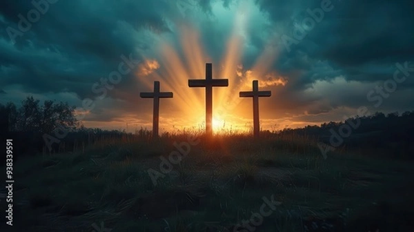 Fototapeta powerful scene of three crosses silhouetted on golgotha hill dramatic rays of light pierce through dark storm clouds symbolizing hope and resurrection in christian imagery