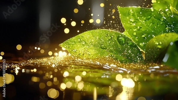 Fototapeta    a green leaf with water droplets, set against a blurred background with diffused light