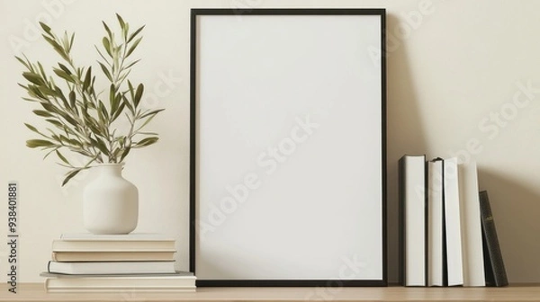 Fototapeta Simple Minimalist Interior Design with Blank Frame and Books