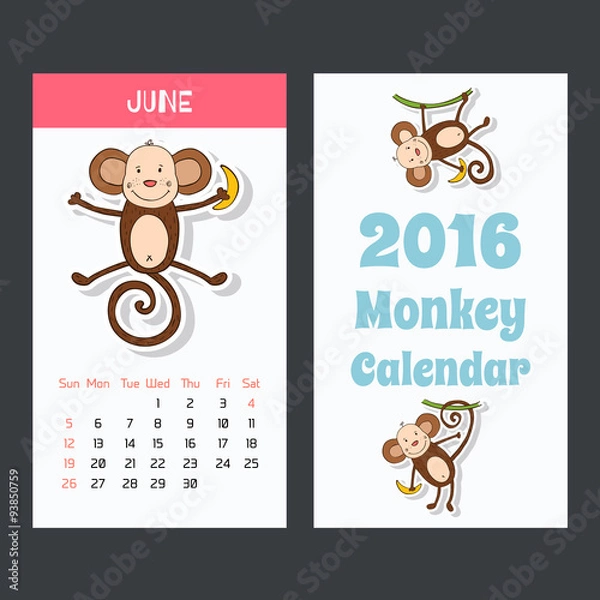 Fototapeta Cute kids 2016 calendar pages with monkey. June.