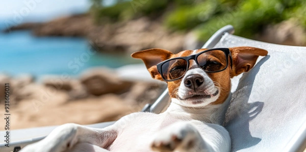 Fototapeta Dog Relaxing on Beach Chair.