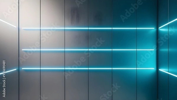 Fototapeta Minimalist technology background, smooth metallic surface with glowing blue lines forming a grid, soft ambient light, subtle gradients, high-resolution textures, cool and calm atmosphere, clean 