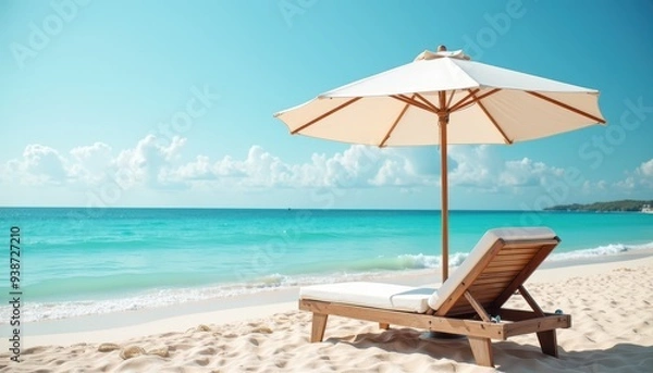 Fototapeta A serene beach scene with a wooden lounge chair and white umbrella set on soft sand facing the clear turquoise ocean under a bright blue sky.