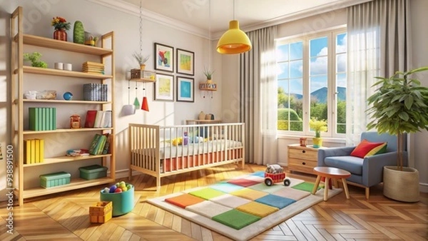 Fototapeta Cozy bedroom with toys, books, and colorful decorations, featuring a toddler's play area with a crib, changing table, and plenty of natural light.