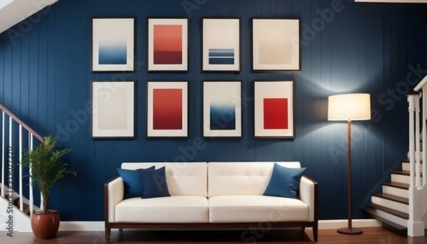 Fototapeta Interior mockup In a white room a blue sofa is placed next to a photo frame on the wall