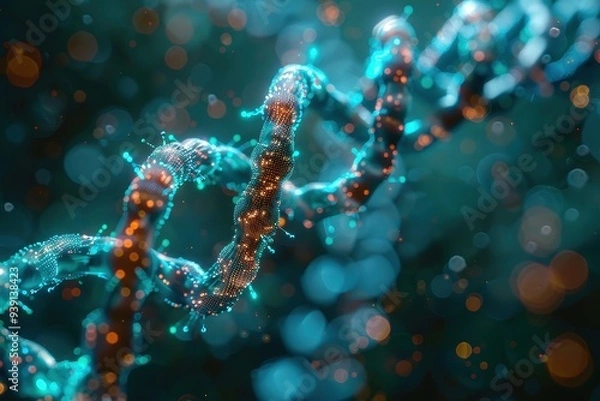 Fototapeta A microscopic close up of a vibrant, glowing DNA strand, representing genetics, life, and scientific discovery.