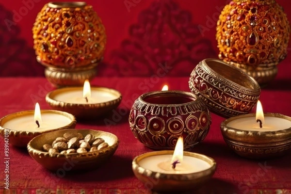 Obraz Oil lamp/diya decoration in happy Diwali festival.