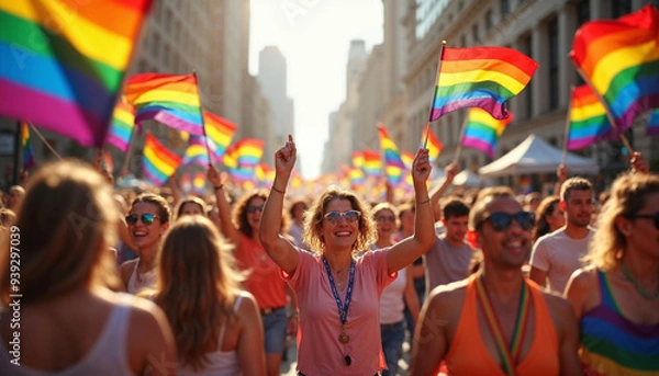 Fototapeta Among the streets, hundreds of people march with LGBTQ flags in the pride parade
