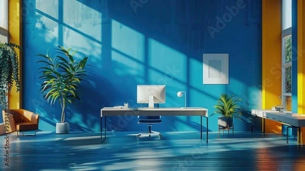 Fototapeta A stylish office space featuring a blue accent wall, minimalist desk setup, and indoor plants, bathed in natural sunlight.
