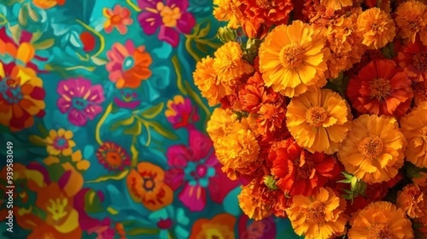 Fototapeta Vibrant marigold flowers against a colorful floral background