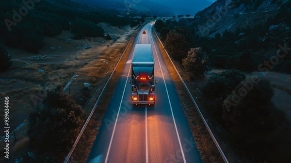 Fototapeta Stock photography of a semi-truck driving on the road, captured from a drone with ambient lighting, showcasing the vehicle’s journey through a scenic landscape.