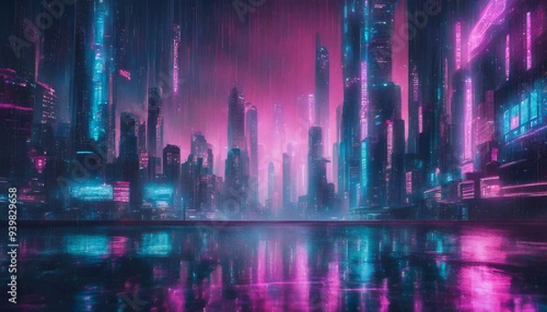 Fototapeta A futuristic cityscape illuminated by neon lights in vibrant hues of blue, pink, and green