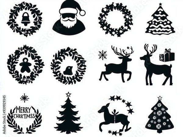 Obraz Free collection of Christmas icons in black and white, modern format