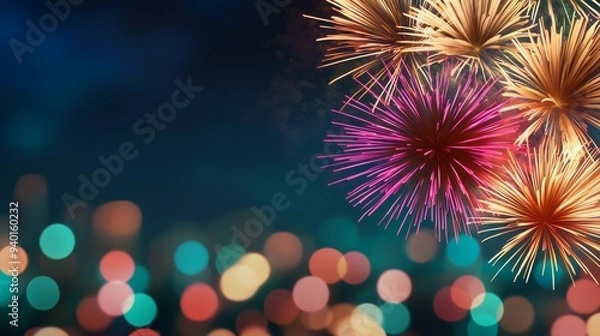 Fototapeta Diwali firework display above cityscape, dazzling view, 3D illustration