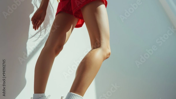 Fototapeta A dynamic close-up shot of a woman in athletic attire, captured from a side angle as she stretches, focusing on the tension