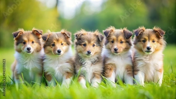 Fototapeta Adorable Sheltie puppies playing in a grassy field, Sheltie, puppies, dogs, cute, fluffy, playful, outdoor, grass, field, breed