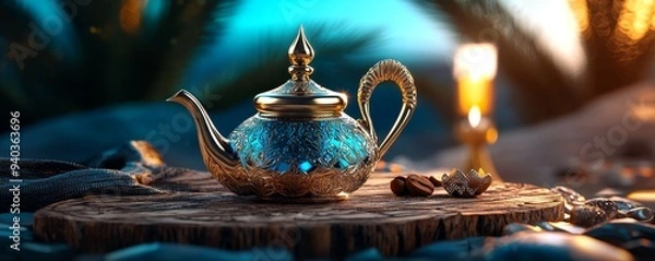 Obraz A 3D traditional Arabic coffee pot (Dallah) with soft lighting on the right, representing the hospitality culture of the UAE.