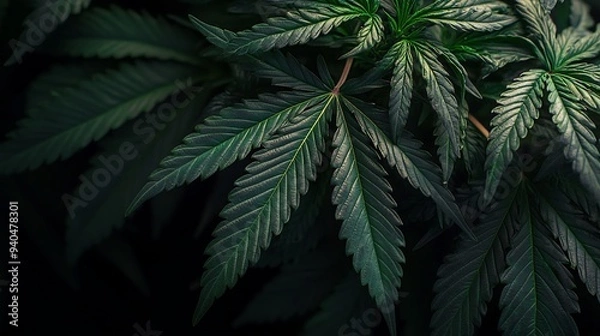 Fototapeta Close-up of Lush Green Cannabis Leaves Against Dark Background