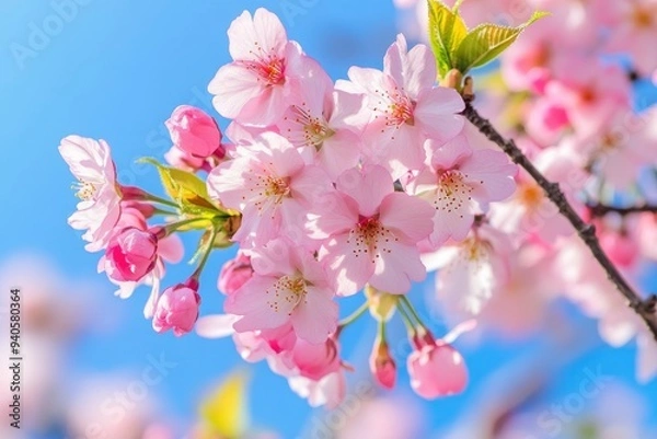 Fototapeta Beautiful and cute pink Kawazu Zakura (cherry blossom) against blue sky, wallpaper background. Tokyo, Japan , ai