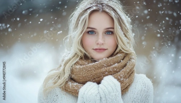 Fototapeta Beautiful blonde woman in a white sweater and scarf stands in a snowy forest 