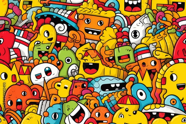 Fototapeta A seamless pattern of cute and colorful cartoon monsters in a doodle style.