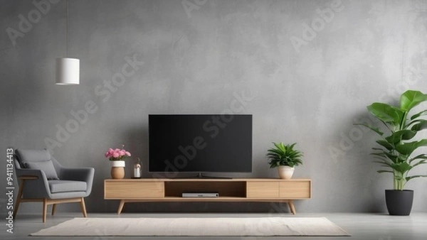 Fototapeta Modern living room interior with a flat-screen TV, armchair, and plants