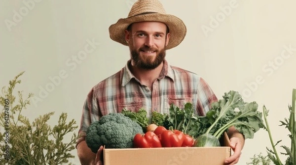 Fototapeta A man holding a cardboard box full of vegetables, AI