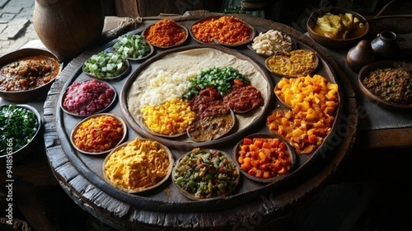 Fototapeta Ethiopian Injera with a variety of colorful stews (wot) and vegetables