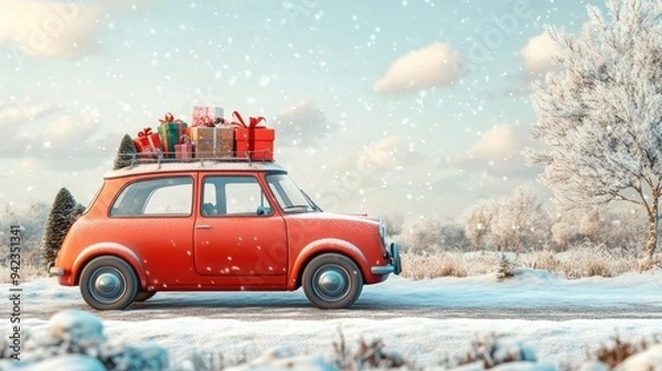 Fototapeta A cozy family car packed with holiday gifts and luggage, driving through a snowy countryside on the way to a festive destination.