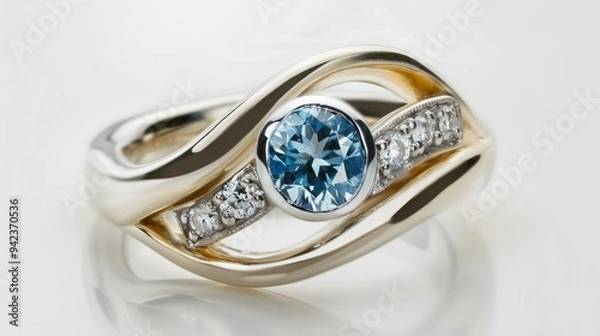 Fototapeta This ring is elegant and modern. It features a round cut blue topaz set in white gold, surrounded by two smaller diamonds that stylishly encircle the gems.