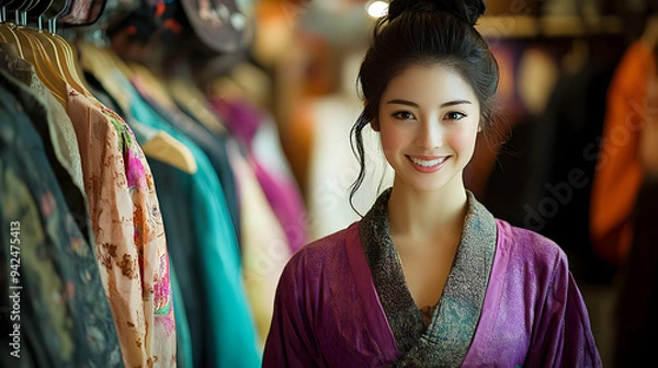 Obraz A young woman with a smile stands in a clothing store, with a rack of colorful clothing behind her.