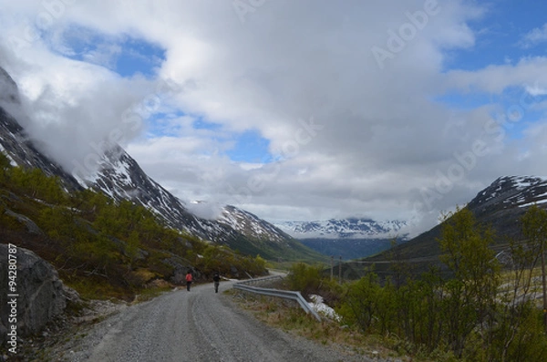 Fototapeta Gravel road in valley through Norwegian mountains, northern Scandes 