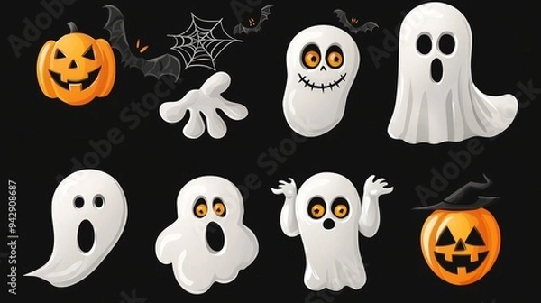 Fototapeta Ghostly Halloween vector icons collection, featuring spooky smiles and eerie eyes.