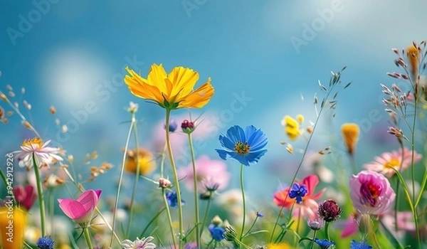 Fototapeta Colorful Flower Meadow with Sunbeams and Blue Sky, Bokeh Lights in Summer - Nature Background Banner with Copy Space for Summer Greeting Card