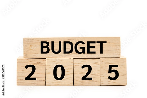 Fototapeta Budget 2025 text on wooden blocks. Budget planning concept. Copy space and clipping path.