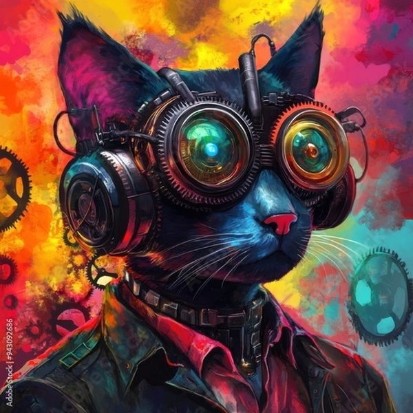 Fototapeta Mechanical Cat Dreamworld - Surreal Characters in Vibrant Attire with Oversized Gears Eyes on Colorful Backgrounds