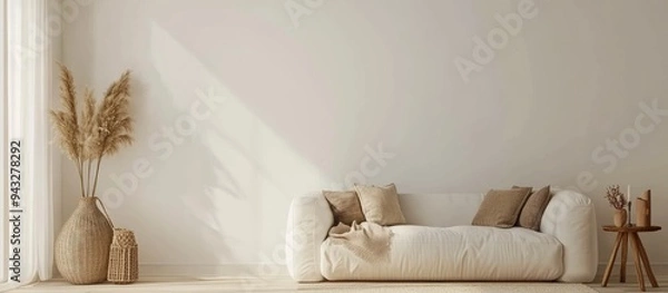 Fototapeta Cozy modern living room interior featuring a sofa and decorative accessories against a white wall 3D rendering