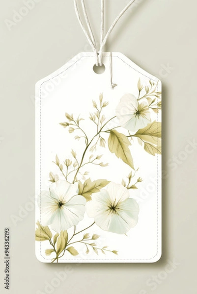 Fototapeta A blank label with an elegant white border, featuring delicate illustrations of vintage botanical flowers and leaves in soft pastel green tones. 