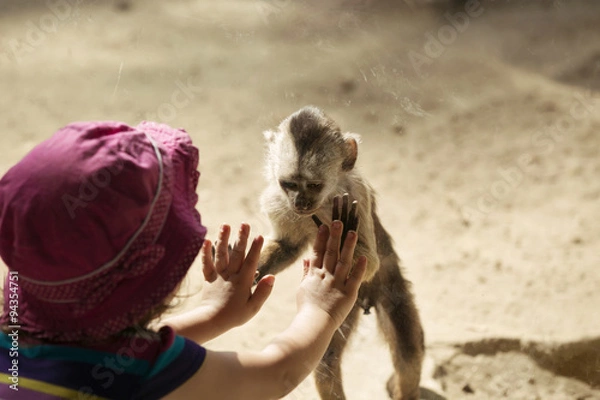 Fototapeta Monkey Playing With Toddler Girl