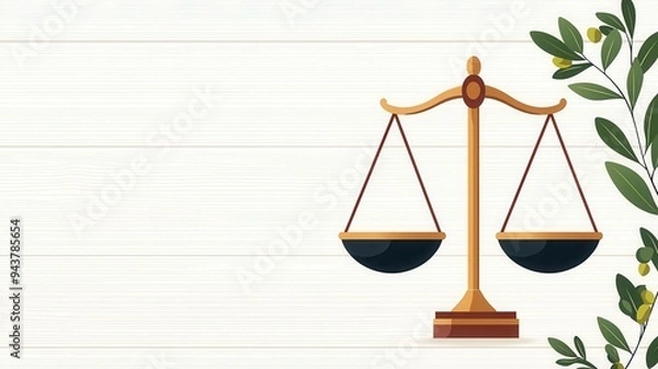 Fototapeta Scales of justice with olive branches, peace and fairness, flat design illustration