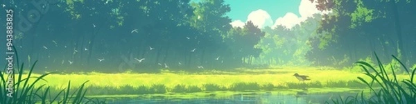 Fototapeta Serene Anime-Style Nature Scene: Misty River with Reeds in Spring and Summer. Tranquil Landscape Illustration for Advertising, Cultural Concepts, and Minimalist Graphic Design with Elegant Gradient Te