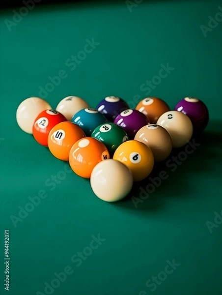 Fototapeta Close-up of colorful billiard balls arranged in triangle on green pool table for game setup with numbers visible