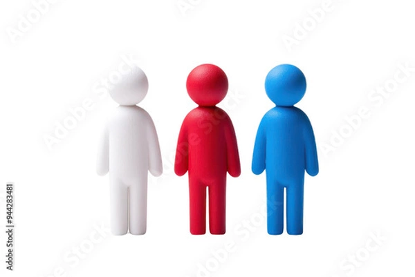 Fototapeta Three colorful figurines representing diversity and teamwork in a minimalist style, suitable for various creative projects isolate on transparency background