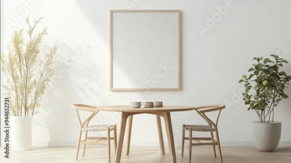 Fototapeta Blank landscape frame mockup centered in a modern dining room, surrounded by greenery and a simple table setting, ideal for interior design presentations.