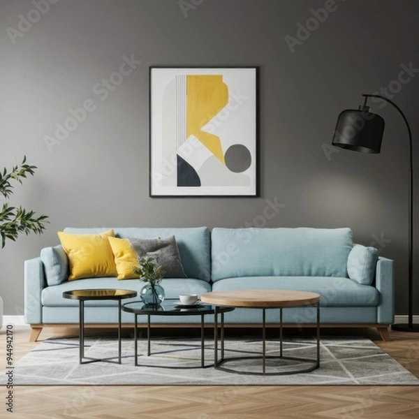 Fototapeta modern living room, minimalist design, soft blue sofa, yellow and grey cushions, abstract wall art, natural light, wooden floor, black floor lamp, indoor plants, cozy atmosphere, contemporary coffee t