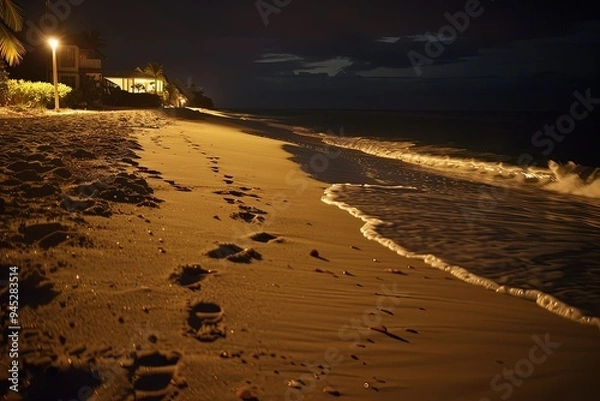 Fototapeta a beach at night with footprints in the sand