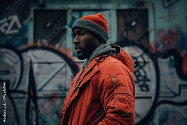 Fototapeta a man in an orange jacket and a red hat