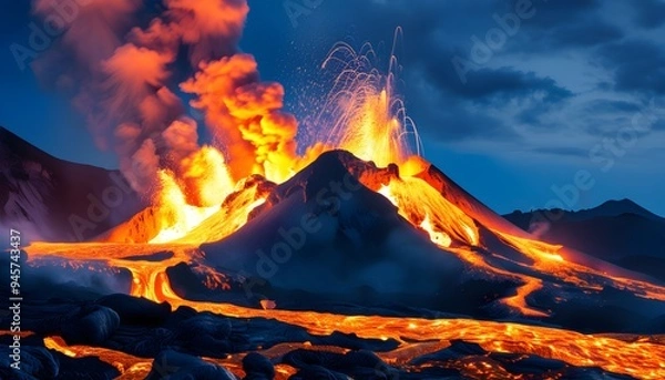 Fototapeta 壮观的火山喷发景象，炽热的岩浆流淌，烟雾缭绕，令人震撼。