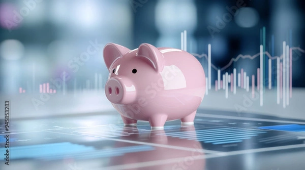 Fototapeta A pink piggy bank sits in the center of a digital screen, surrounded by abstract data and lines that symbolize financial growth, savings, investments, and the future of wealth.